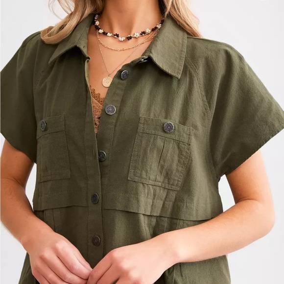 NWT Free People Ronnie Poplin Mini Dress - green - Picture 5 of 8